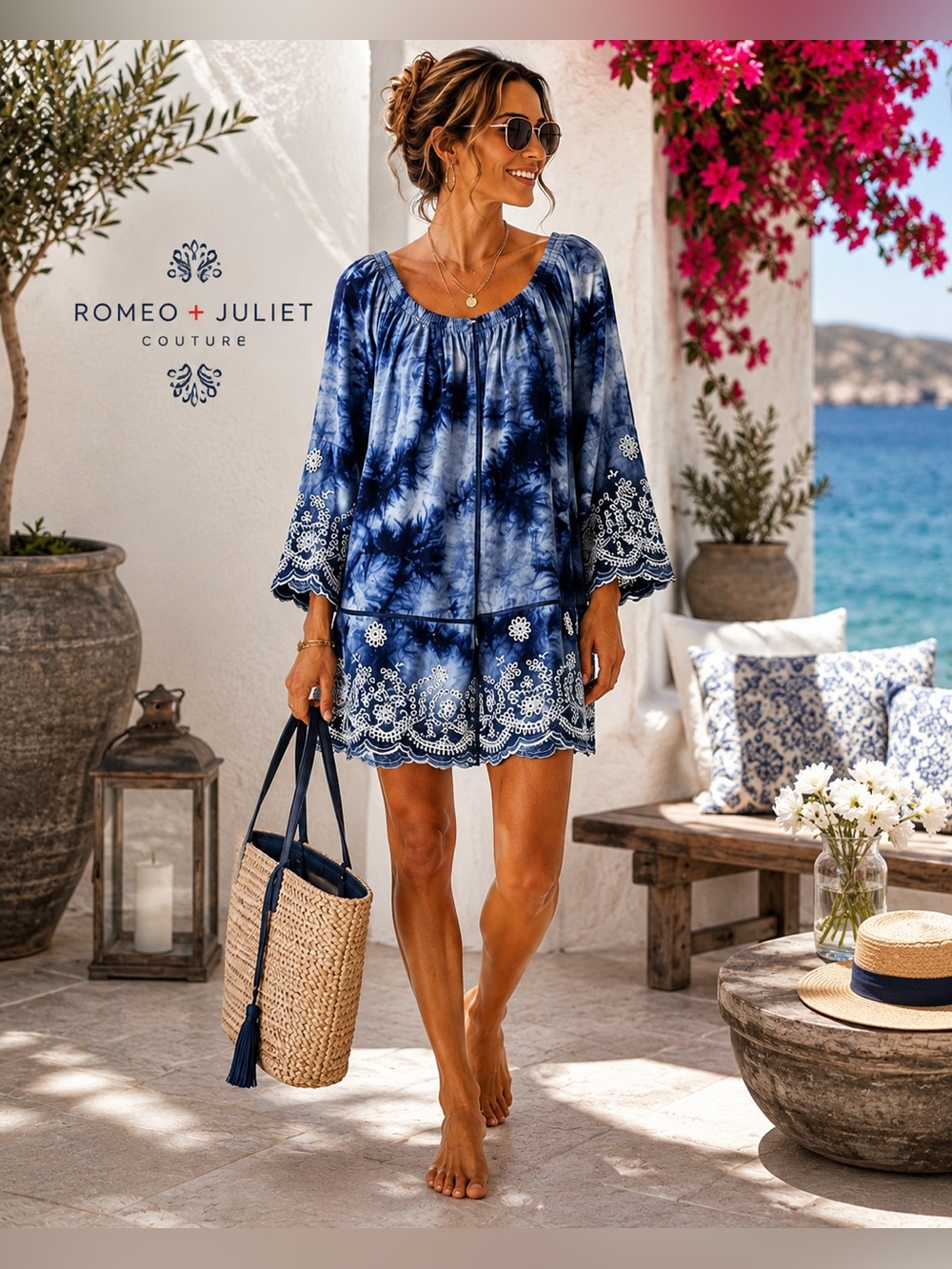 NWT Romeo & Juliet Couture,Blue Embroidered Boho Resort Cover-Up Tunic Dress XS